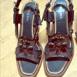 Prada patent and leather sandal stack heel sequins
